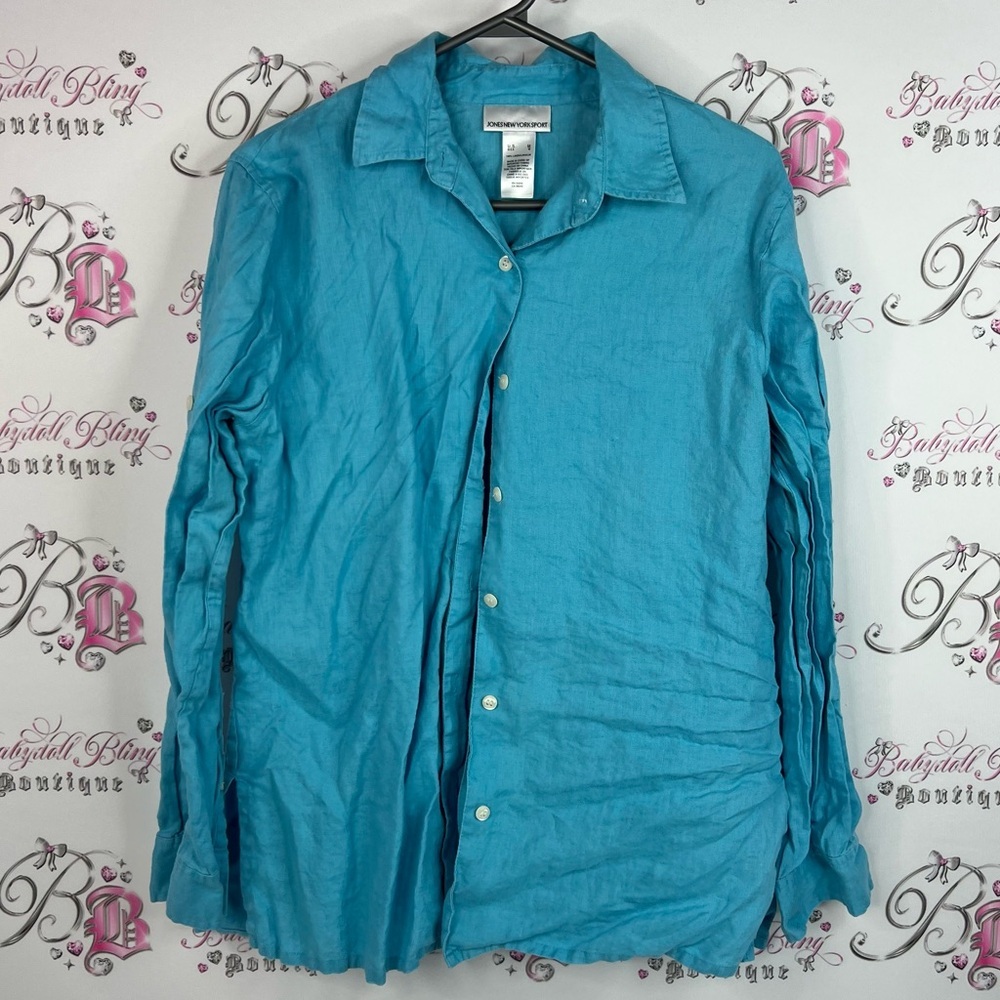 Jones New York button up long sleeve top linen Aqua Button-Up Blouse